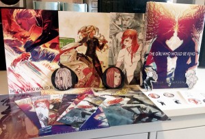 1 signed limited edition hardback edition of The Girl Who Would Be King, including at least 9 full color Stephanie Hans illustrations, 2 Ross Campbell "heads" magnets (1 Bonnie, 1 Lola), 2 Meredith McClaren "itties" magnets (1 Bonnie, 1 Lola), 6 over-sized post cards, 6 bookmarks, and eight stickers.